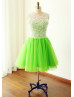 Ivory Lace Apple Green Tulle Knee Length Bridesmaid Dress